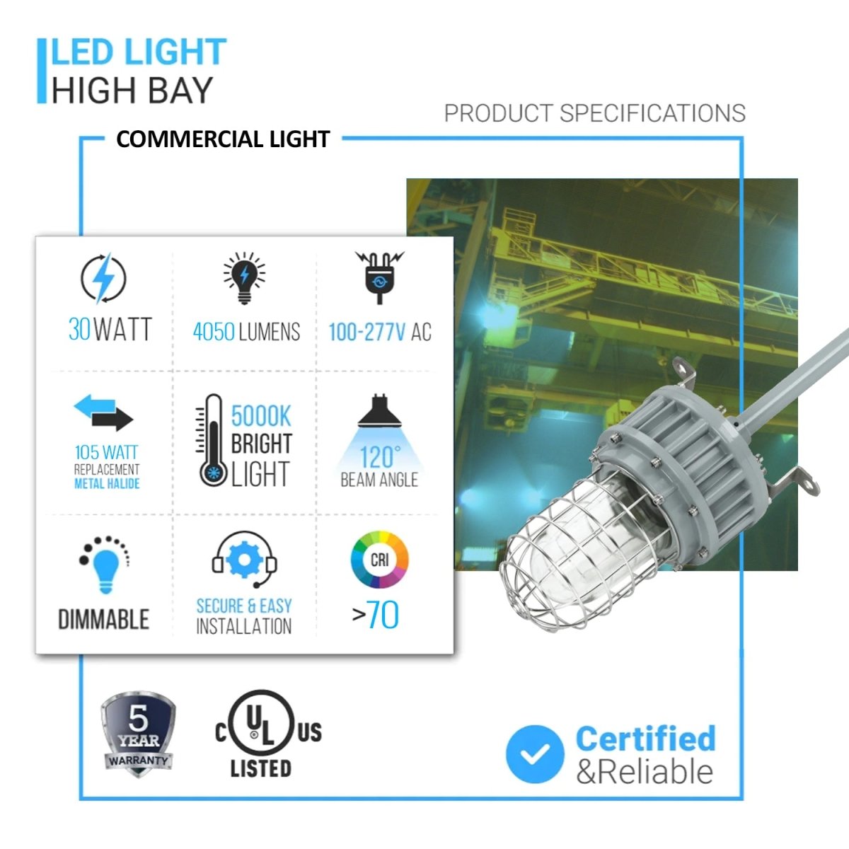 30 Watt LED Explosion Proof Jelly Jar Light, G Series, Dimmable, 5000K, 4050LM, AC100 - 277V, IP66, Hazardous Location Lighting Fixtures - LEDMyPlace