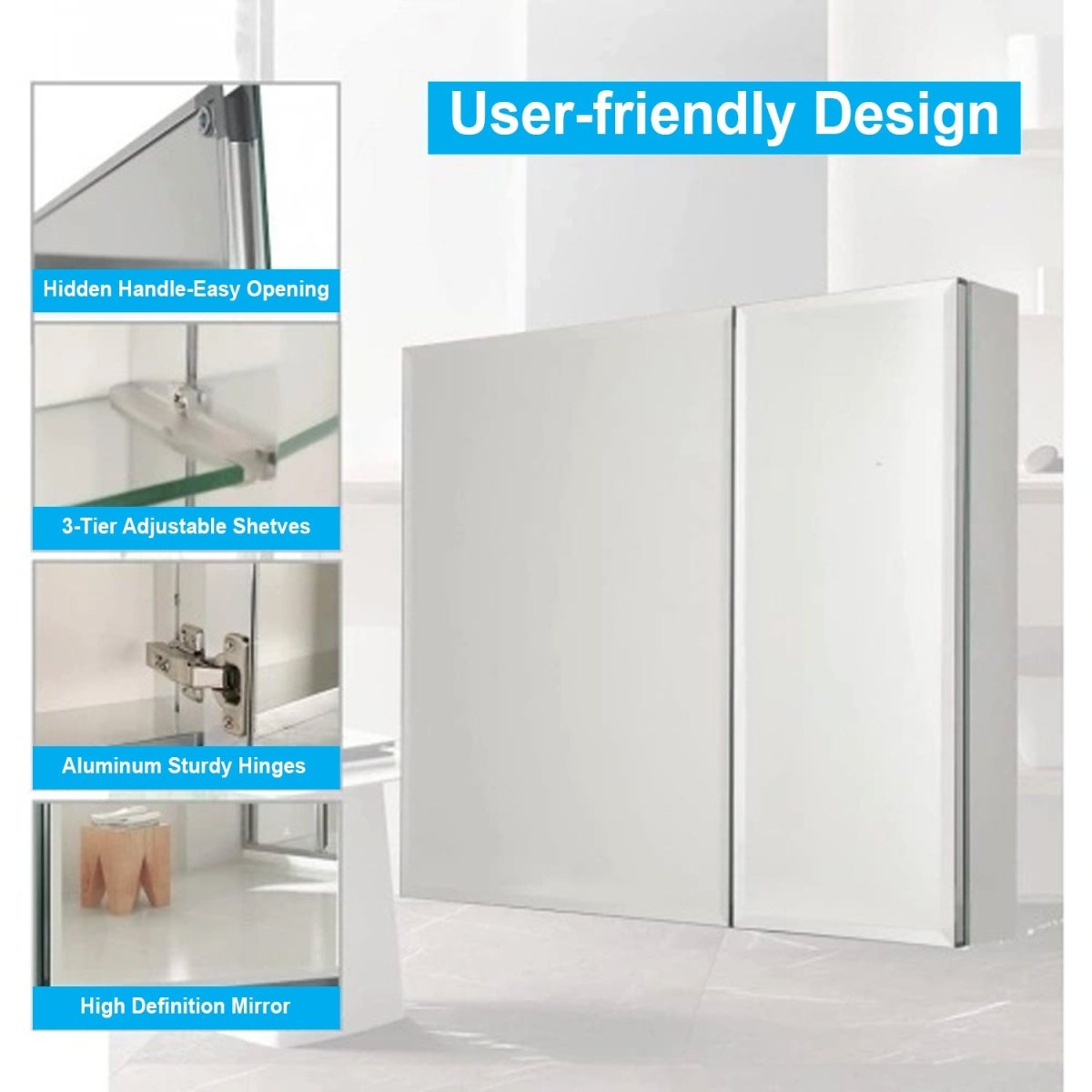 30 x 26 Inches Frameless Medicine Cabinet with Mirror, Double Sided Mirror, 2 Doors 3 - Adjustable Shelves, Large&Small Door Design, Soft - Closing, Surface Mount or Recessed Medicine Cabinets for Bathroom, Bedroom, Hotel - LEDMyPlace