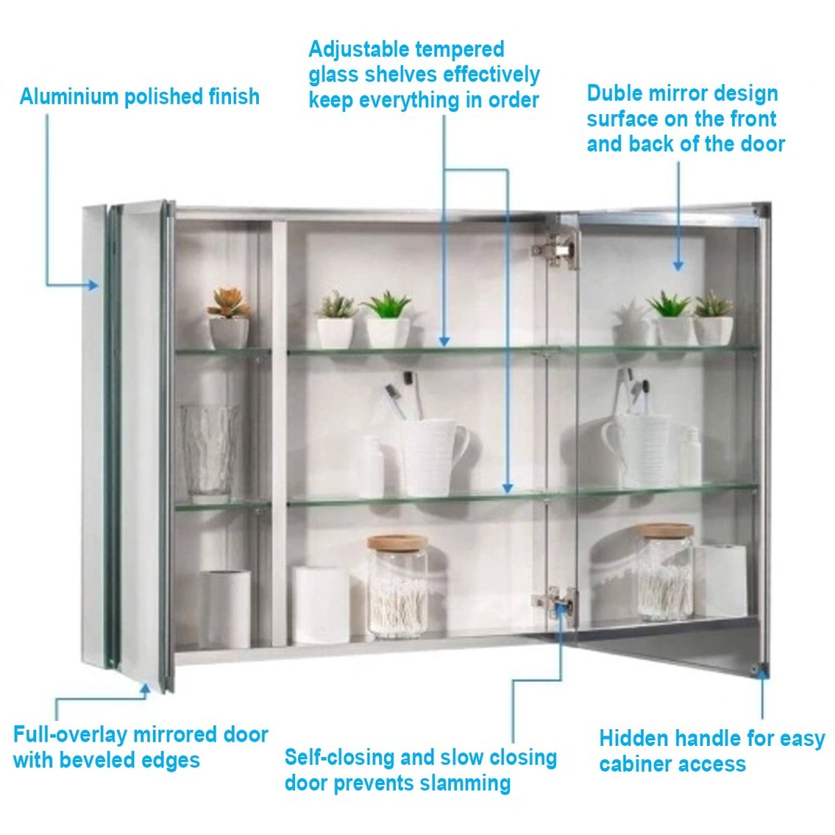 30 x 26 Inches Frameless Medicine Cabinet with Mirror, Double Sided Mirror, 2 Doors 3 - Adjustable Shelves, Large&Small Door Design, Soft - Closing, Surface Mount or Recessed Medicine Cabinets for Bathroom, Bedroom, Hotel - LEDMyPlace