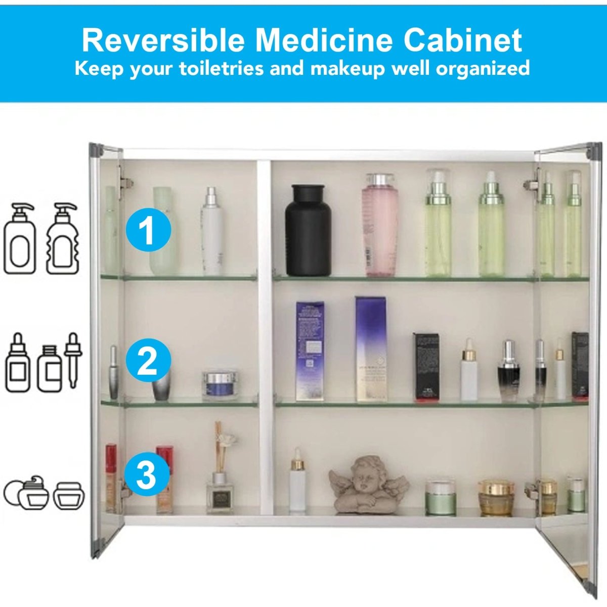 30 x 26 Inches Frameless Medicine Cabinet with Mirror, Double Sided Mirror, 2 Doors 3 - Adjustable Shelves, Large&Small Door Design, Soft - Closing, Surface Mount or Recessed Medicine Cabinets for Bathroom, Bedroom, Hotel - LEDMyPlace