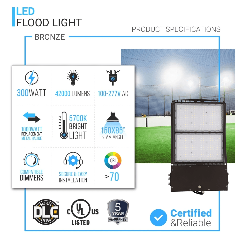 300 watt LED Flood Light 5700K IP65 39000 Lumens Bronze, Dimmable, Floodlight for Backyard|Court|Stadium|Yard, Outdoor Waterproof Security Lights, Arena Lights - LEDMyPlace