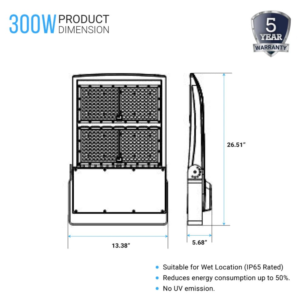 300 watt LED Flood Light 5700K IP65 39000 Lumens Bronze, Dimmable, Floodlight for Backyard|Court|Stadium|Yard, Outdoor Waterproof Security Lights, Arena Lights - LEDMyPlace