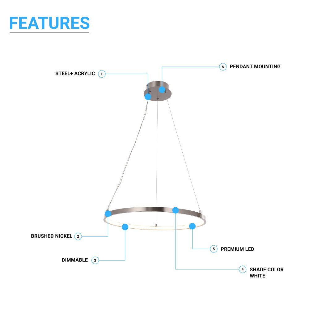 30W Round LED Pendant Light, Brushed Nickel Finish, Dimmable, 3000K (Warm White), 2900 Lumens, ETL Listed - LEDMyPlace