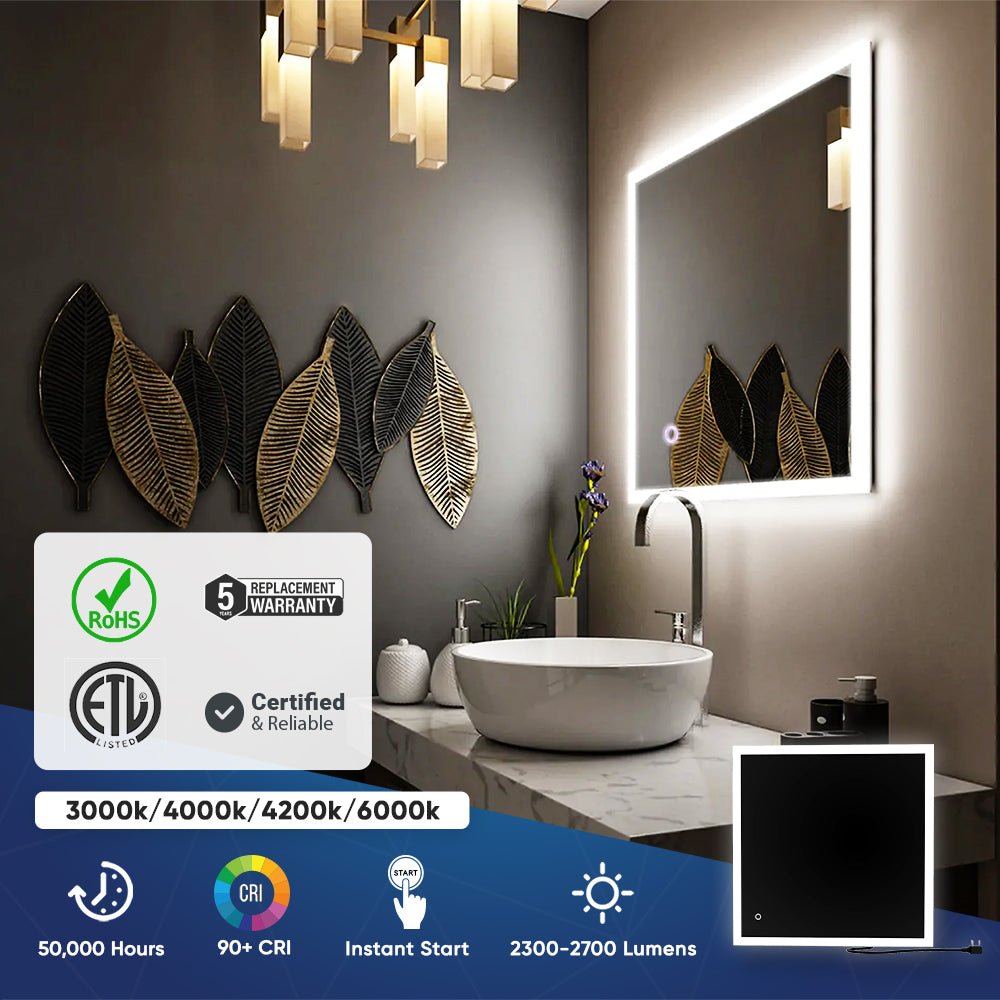 36 in. x 36 in. LED Lighted Bathroom Vanity Mirror, Anti - Fog, Touch Button, Adjustable Color Temperature & Remembrance, Wall Mounted Makeup Mirror, CRI 90+, Window Style - LEDMyPlace