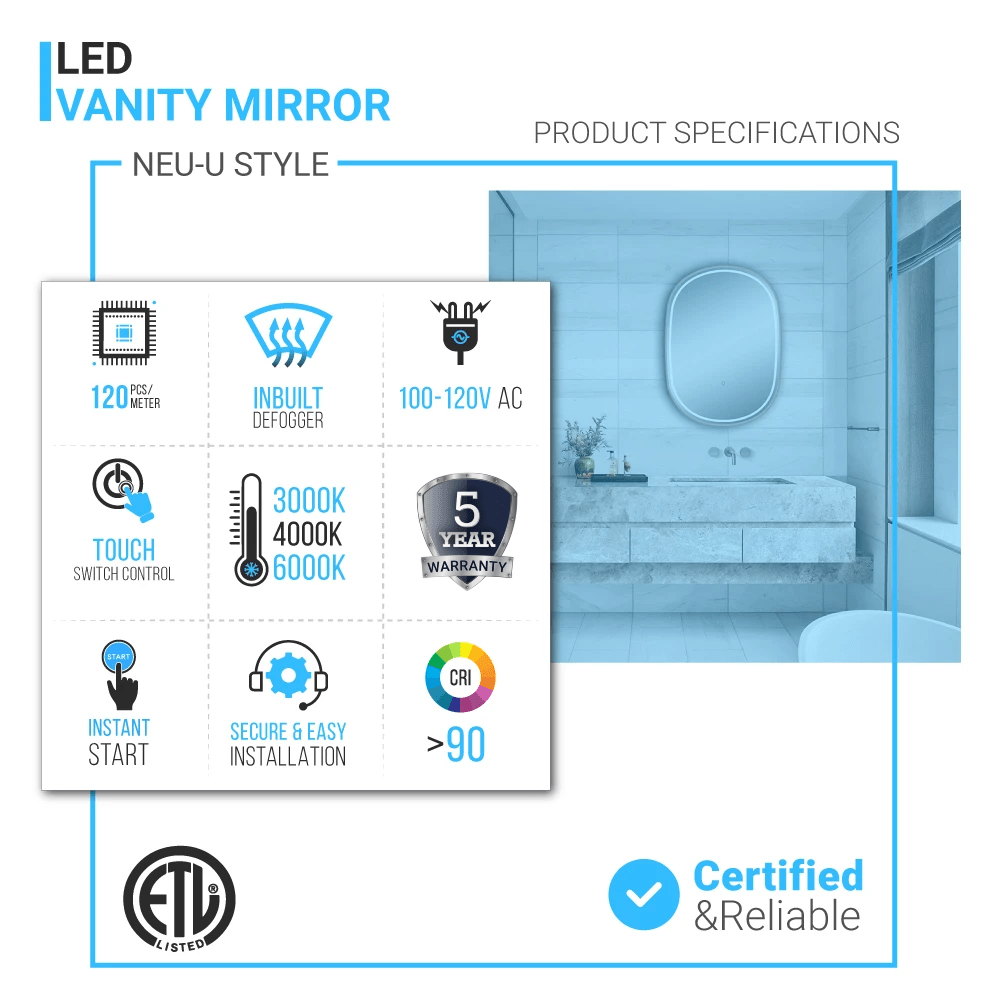 36 in. x 48 in. LED Lighted Bathroom Vanity Mirror, Anti - Fog, CRI 90+, Adjustable Color Temperature & Remembrance, Lighted Makeup Mirrors, Neu - U Style - LEDMyPlace