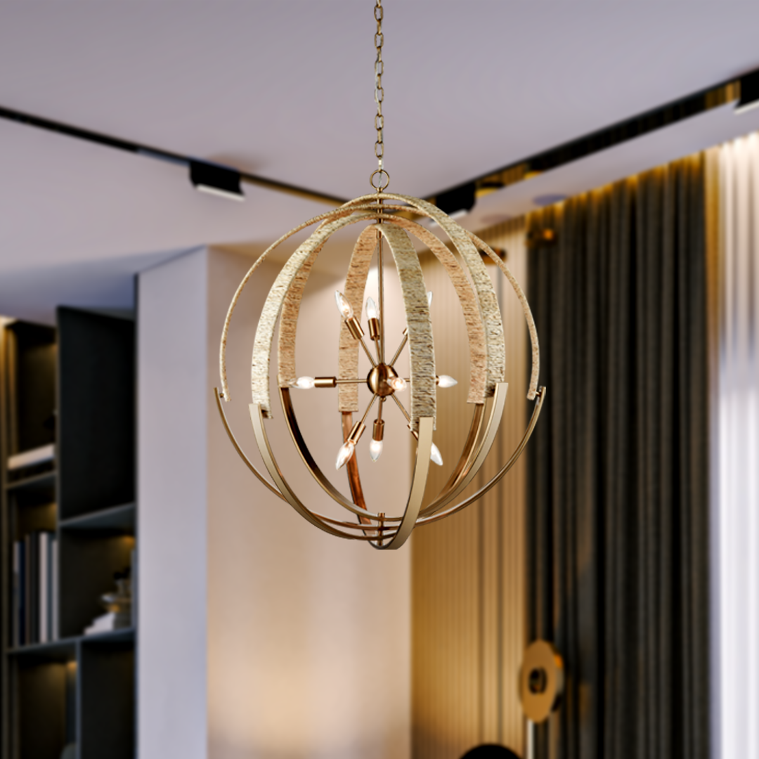 9-Light Brass Finish Hardware with Nature Brown Corn Leaf Rope Pendant Light, E12 Base