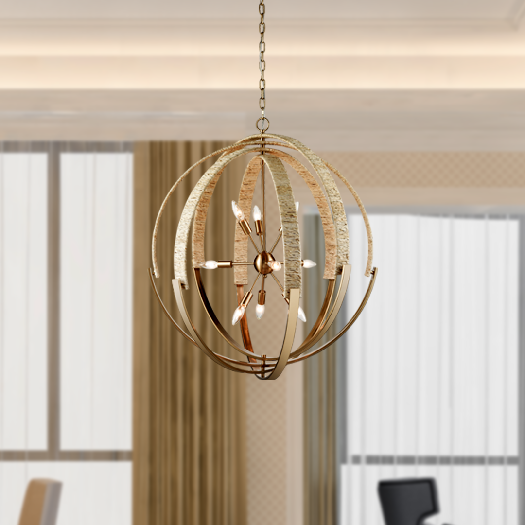 9-Light Brass Finish Hardware with Nature Brown Corn Leaf Rope Pendant Light, E12 Base