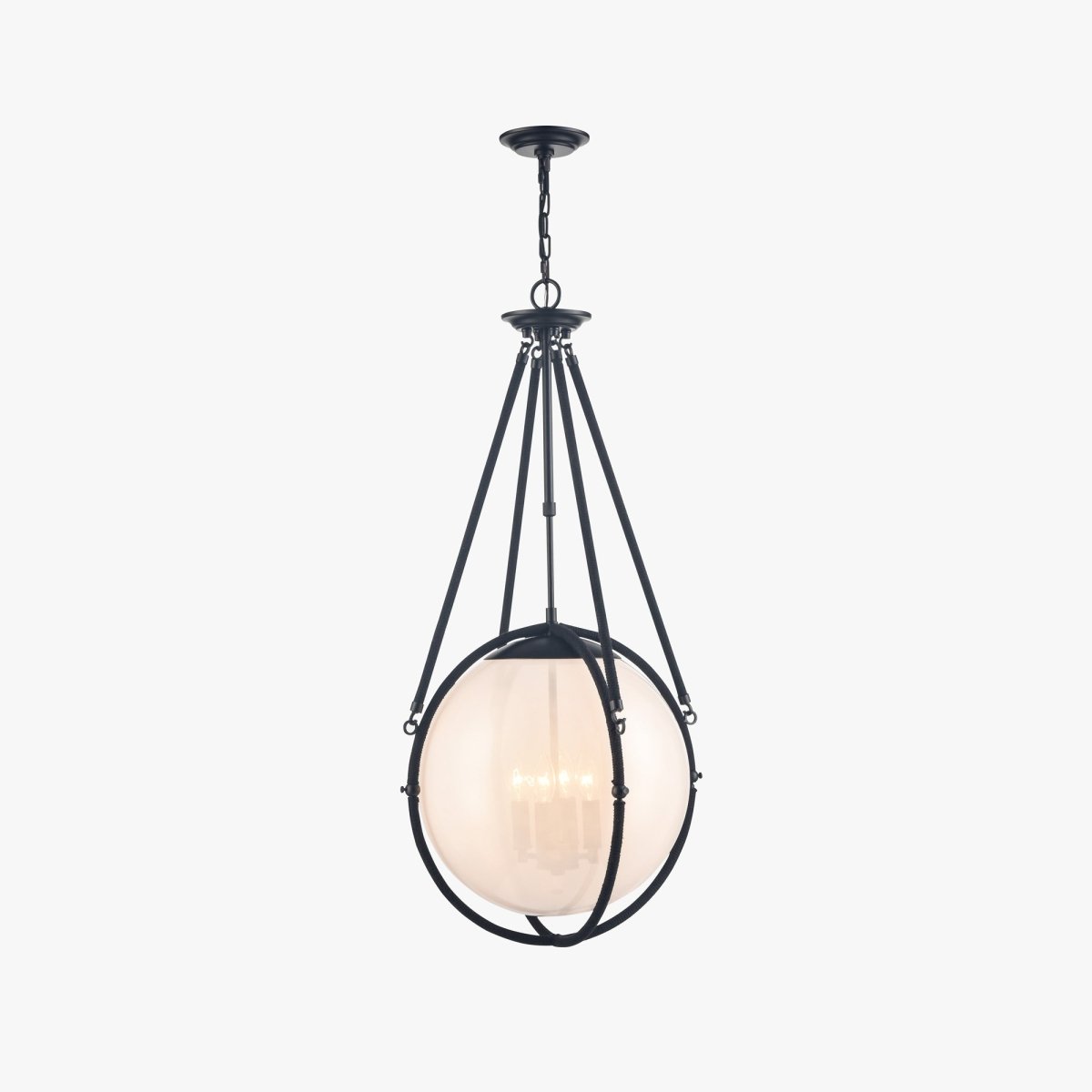 4 - Light Chandelier Light Fixture Black Finish Hardware with Black Rope and Translucency whilte glass ,E12 Base - LEDMyPlace