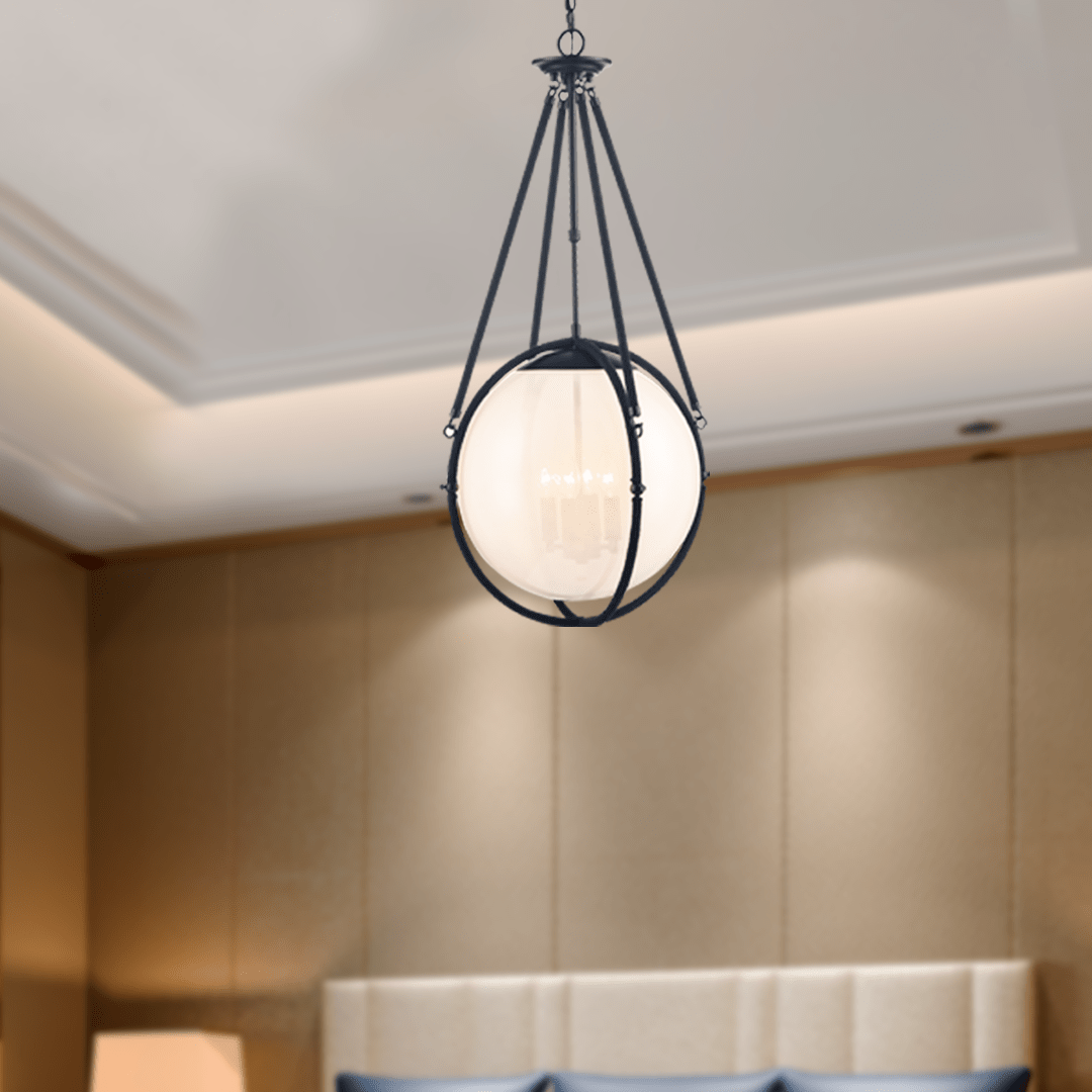 4 - Light Chandelier Light Fixture Black Finish Hardware with Black Rope and Translucency whilte glass ,E12 Base - LEDMyPlace