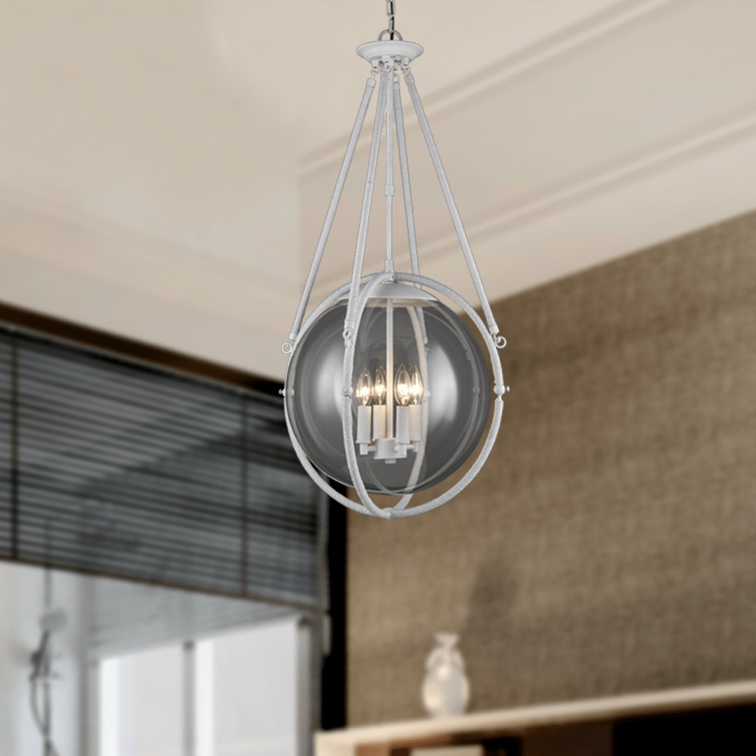 4 - Light Chandelier Light Fixture Black Textured White Finish Hardware with White Rope and Clear Glass ,E12 Base - LEDMyPlace