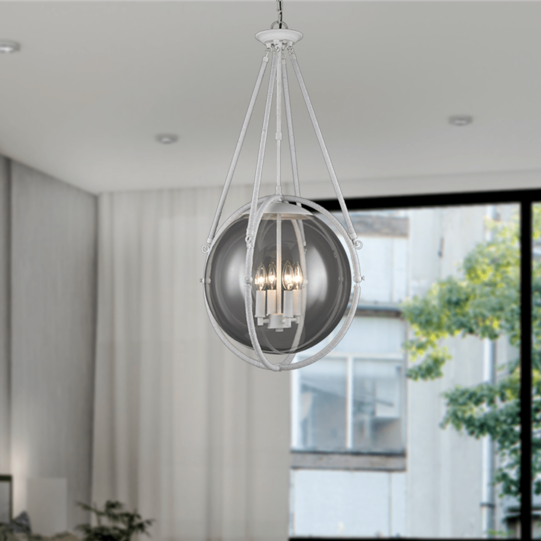 4 - Light Chandelier Light Fixture Black Textured White Finish Hardware with White Rope and Clear Glass ,E12 Base - LEDMyPlace