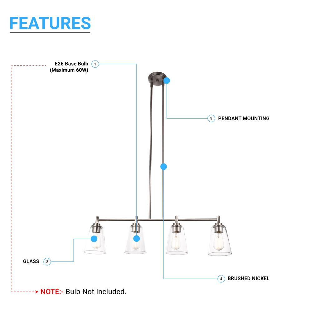 4 - Lights Island Linear Pendant Light with Clear Glass Shade, E26 Base, UL Listed for Damp Location - LEDMyPlace