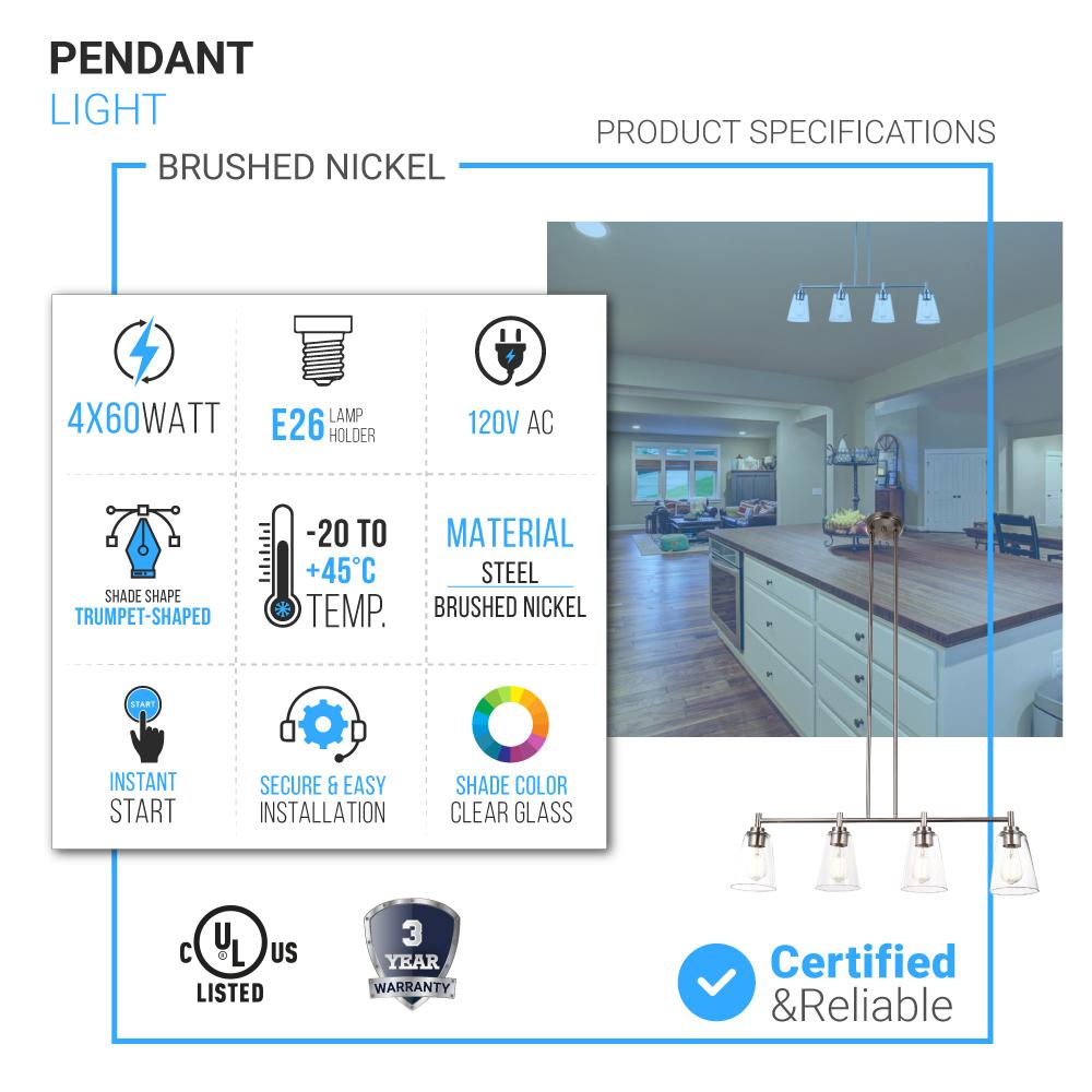 4 - Lights Island Linear Pendant Light with Clear Glass Shade, E26 Base, UL Listed for Damp Location - LEDMyPlace