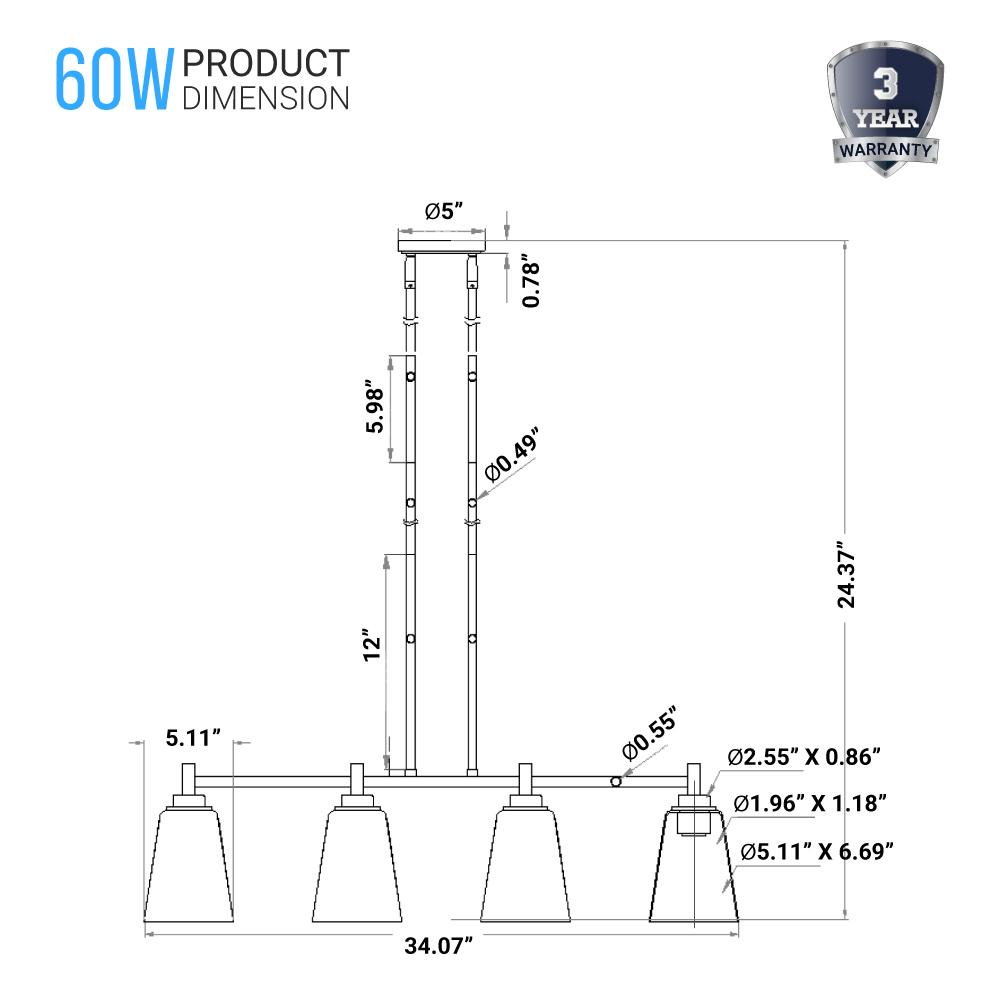 4 - Lights Island Linear Pendant Light with Clear Glass Shade, E26 Base, UL Listed for Damp Location - LEDMyPlace