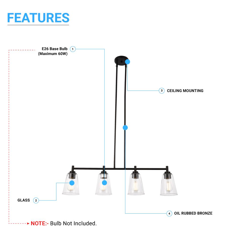 4 - Lights Island Linear Pendant Light with Clear Glass Shade, E26 Base, UL Listed for Damp Location - LEDMyPlace