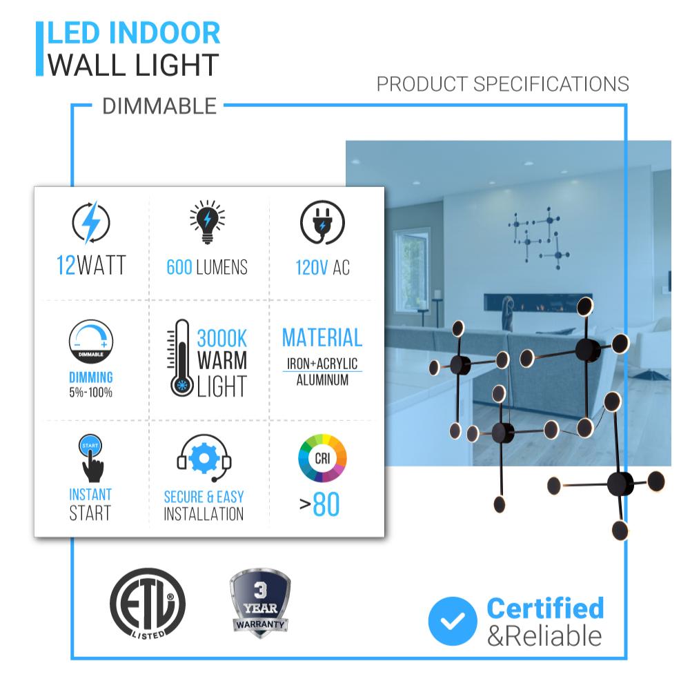 4 - Lights, LED Wall Sconce Light 12W/Head, 3000K, 600LM/Head, Integrated LED Light Combination, 120V Dimmable, Matte Black Body Finish - LEDMyPlace