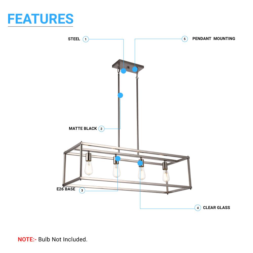 4 - Lights Linear Chandelier Light, For Damp Location, Open Frame Rectangle Chandeliers, E26 Base, UL Listed, 5 Years Warranty - LEDMyPlace