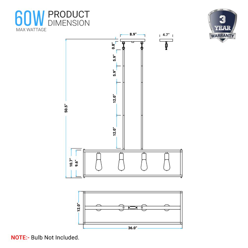 4 - Lights Linear Chandelier Light, For Damp Location, Open Frame Rectangle Chandeliers, E26 Base, UL Listed, 5 Years Warranty - LEDMyPlace