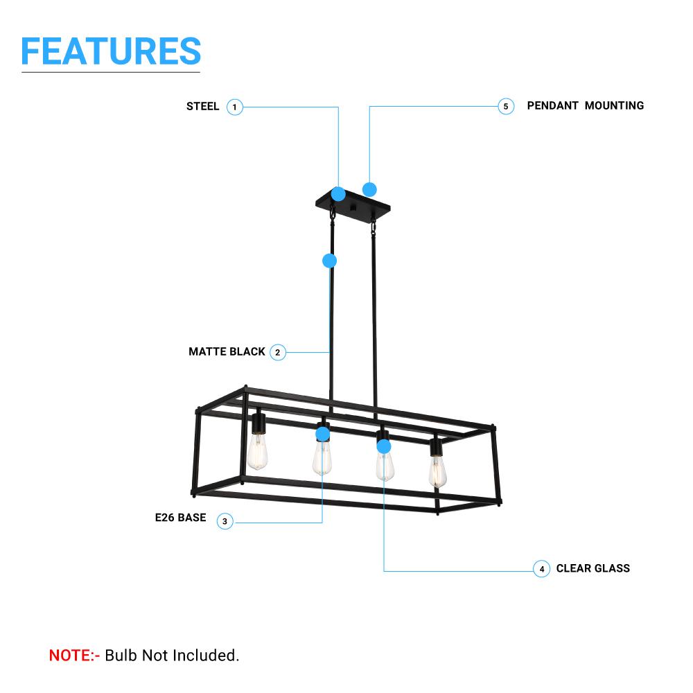 4 - Lights Linear Chandelier Light, For Damp Location, Open Frame Rectangle Chandeliers, E26 Base, UL Listed, 5 Years Warranty - LEDMyPlace