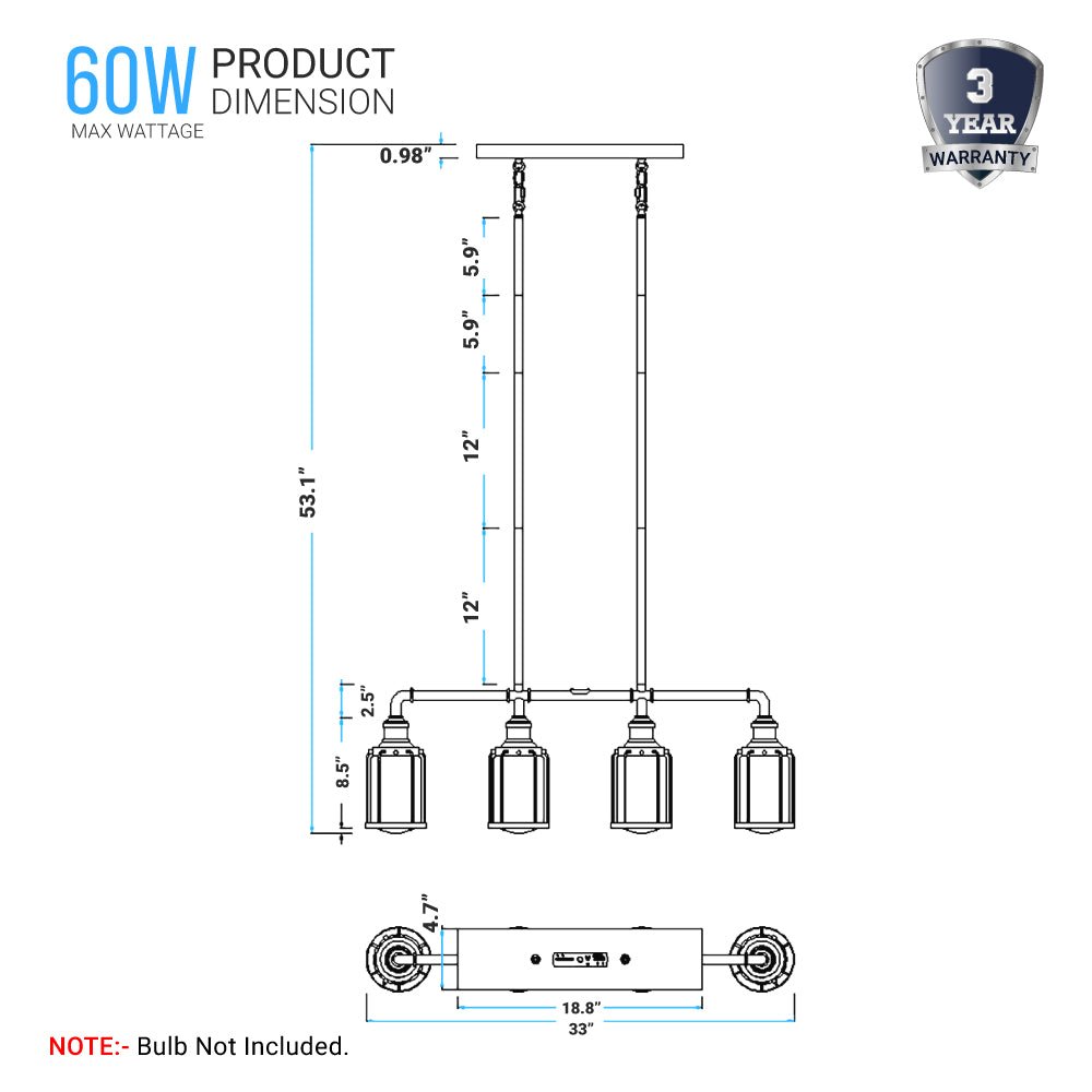 4 - Lights Linear Pendant Light with Clear Glass Shades, Matte Black Finish, UL Listed for Damp Location, E26 Base - LEDMyPlace