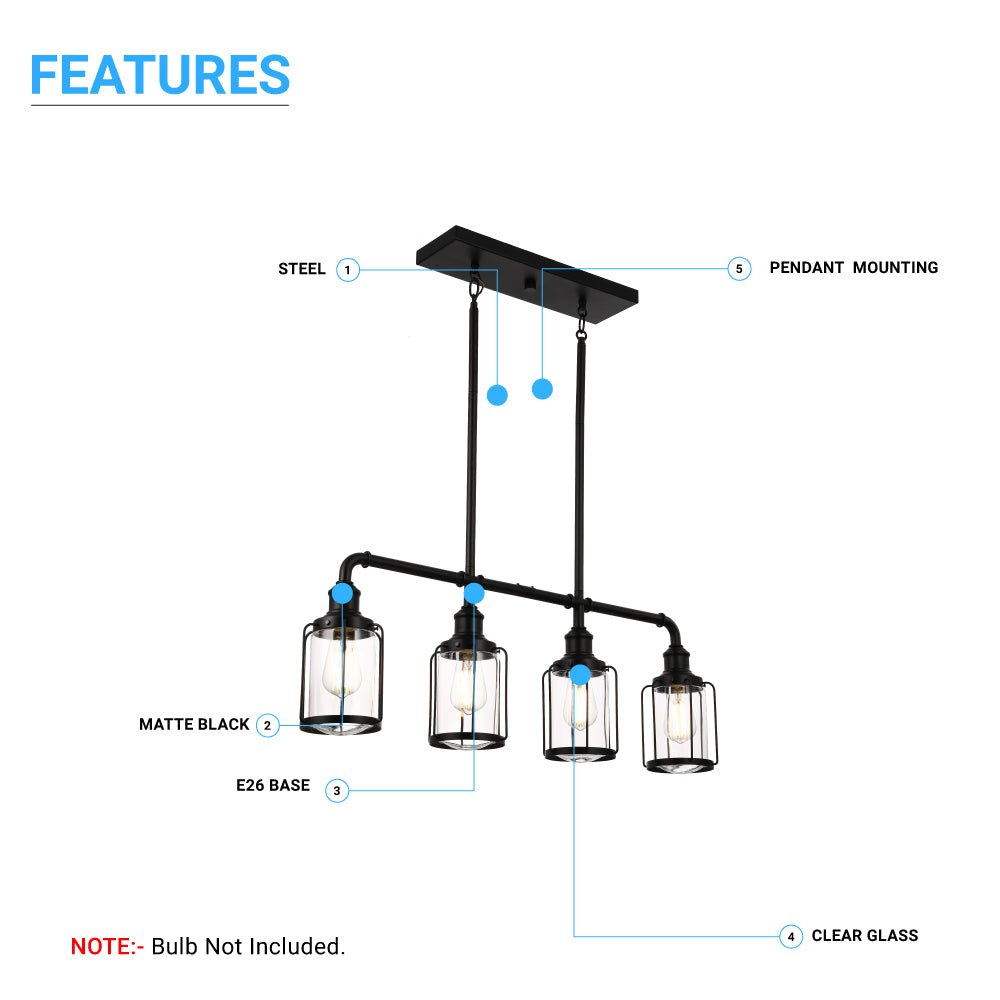 4 - Lights Linear Pendant Light with Clear Glass Shades, Matte Black Finish, UL Listed for Damp Location, E26 Base - LEDMyPlace