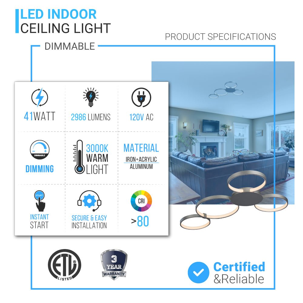 4 Rings, LED Circle Flushmount Lights, 41W, 3000K, 2986LM, Hallway Light Fixtures, - LEDMyPlace