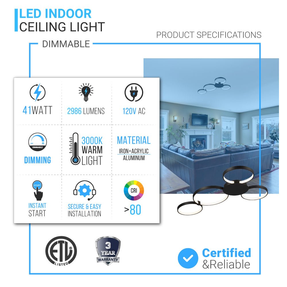 4 Rings, LED Circle Flushmount Lights, 41W, 3000K, 2986LM, Hallway Light Fixtures, - LEDMyPlace