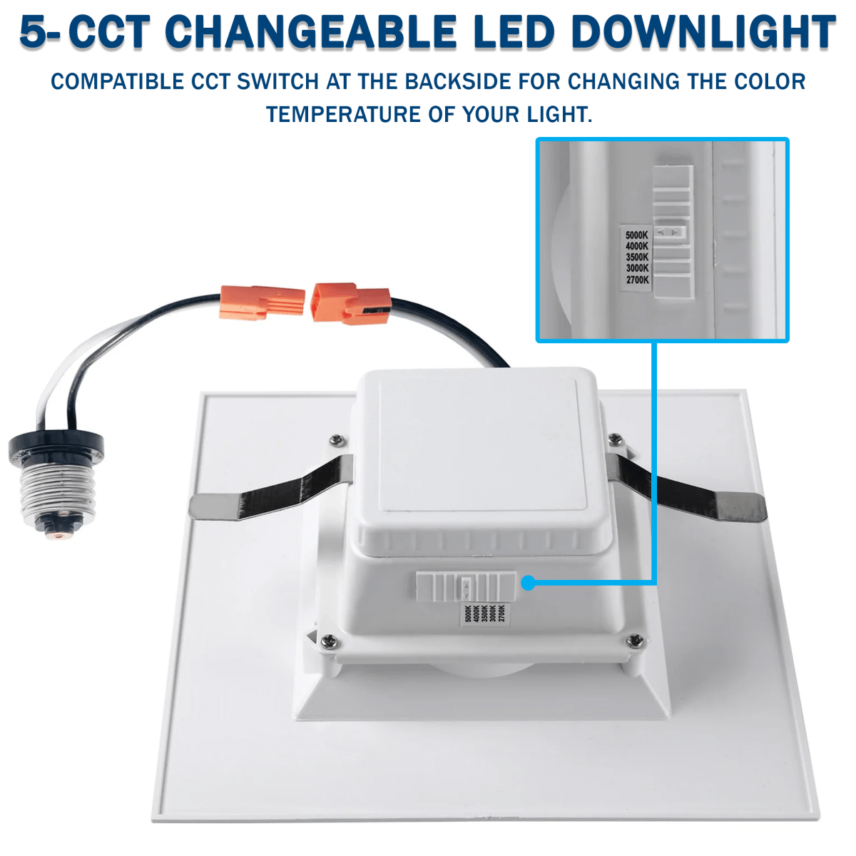 4" Square LED Downlight, 10W, 5CCT Changeable: 2700K/3000K/3500K/4000K/5000K, 120V AC, Baffle Aluminum Trim, Damp Rated - LEDMyPlace