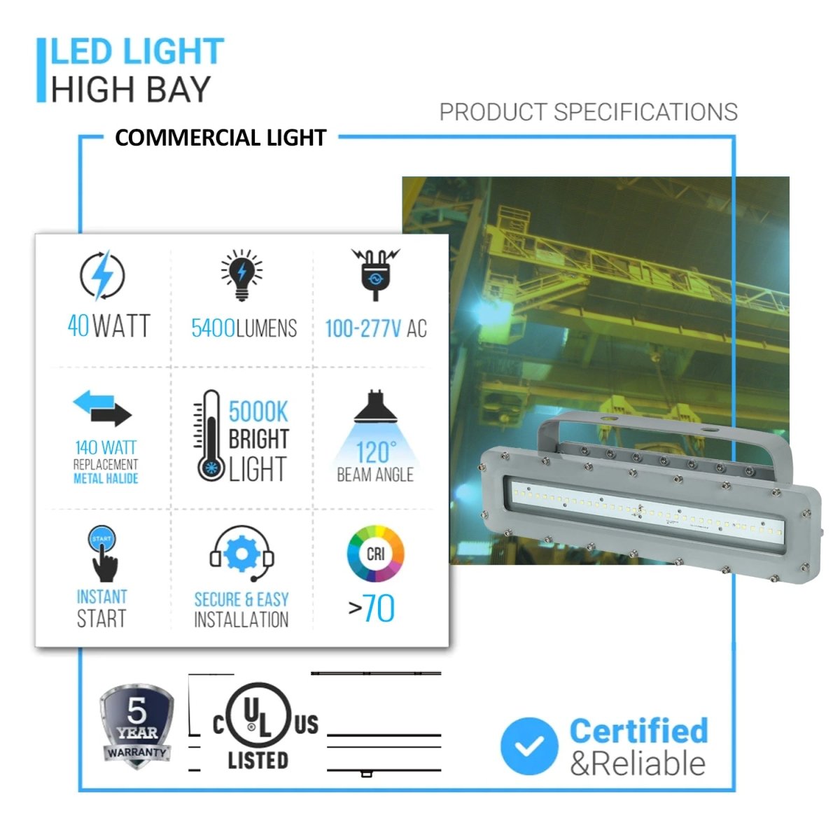 40 Watt 4FT LED Explosion Proof Linear Light, I Series, Non Dimmable, 5000K, 5400LM, AC100 - 277V, IP66, Hazardous Location Lighting Fixtures - LEDMyPlace