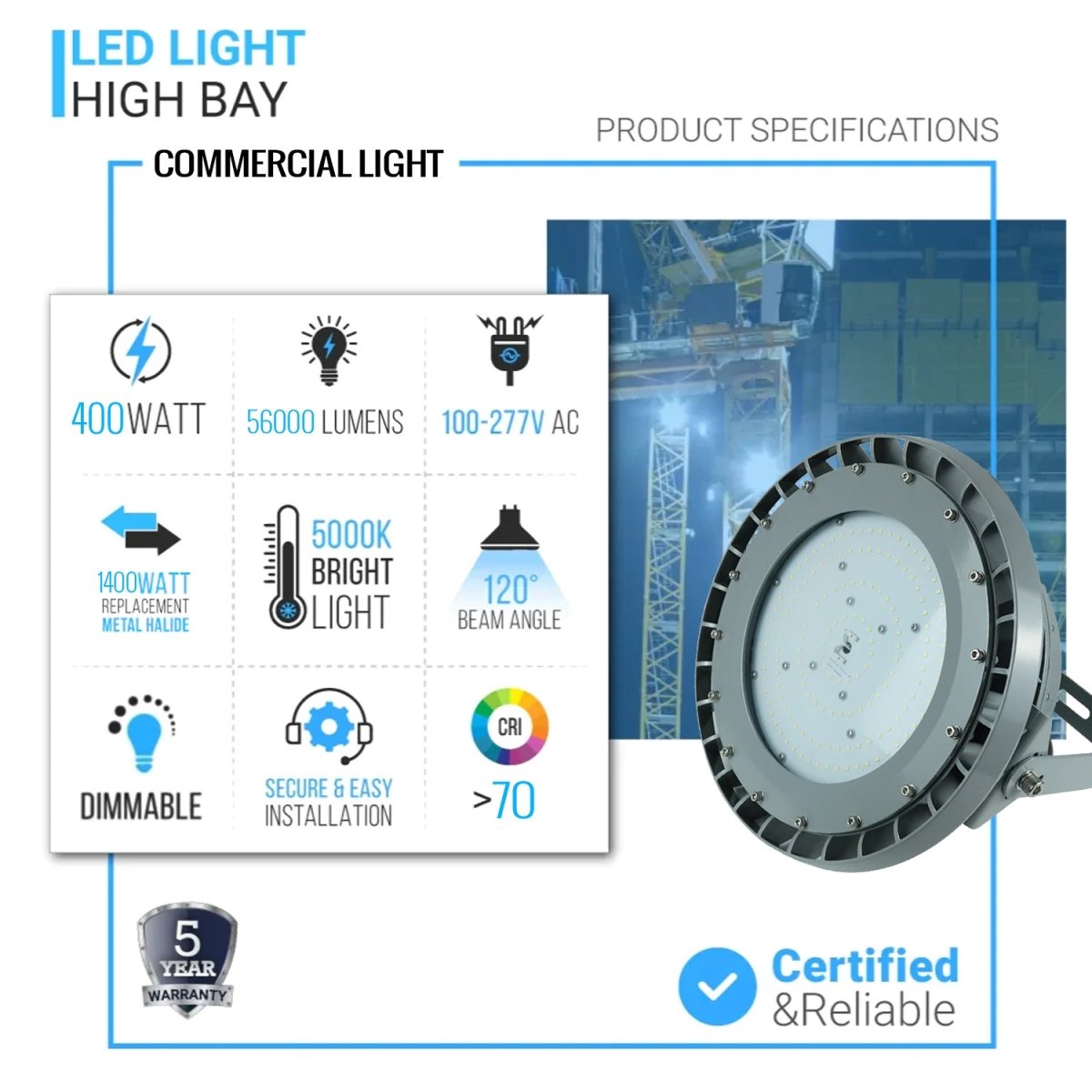 400 Watt LED Explosion Proof Round High Bay Light, B Series, Dimmable, 5000K, 56000LM, AC100 - 277V, IP66, Ideal for Oil & Gas Refineries, Drilling Rigs, Petrochemical Facilities - LEDMyPlace