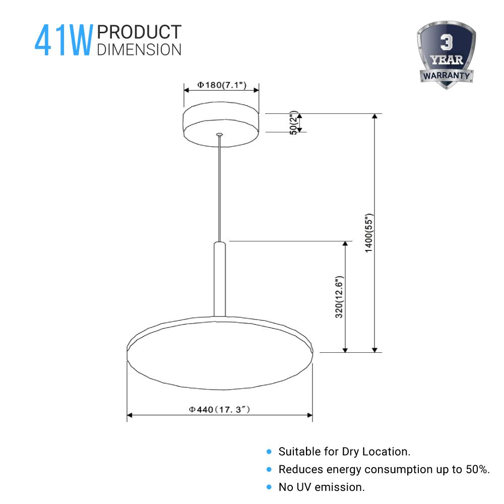 41W Round Plate Pendant Light, 3000K, 2225LM, Diameter 17.3" x 55"H, Dimmable, Home Office Lighting - LEDMyPlace