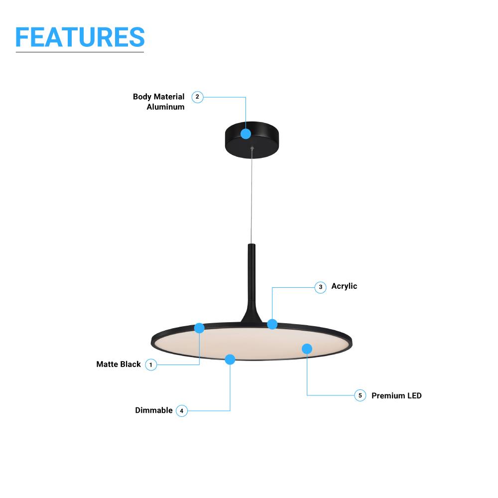 41W Round Plate Pendant Light, 3000K, 2225LM, Diameter 17.3" x 55"H, Dimmable, Home Office Lighting - LEDMyPlace