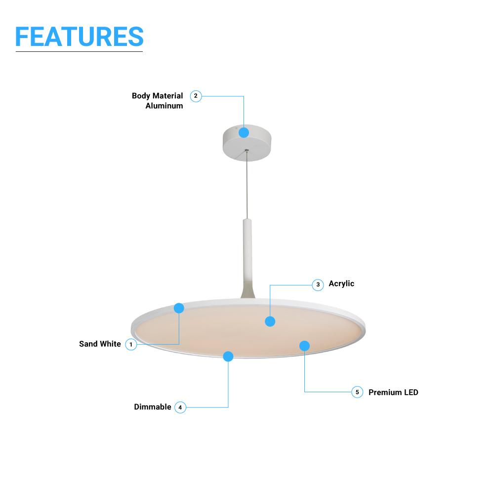 41W Round Plate Pendant Light, 3000K, 2225LM, Diameter 17.3" x 55"H, Dimmable, Home Office Lighting - LEDMyPlace