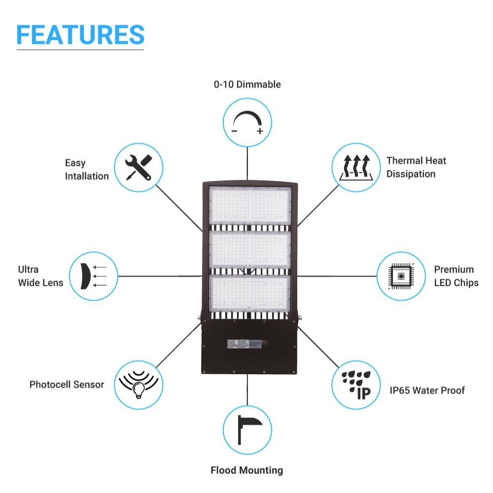 450W LED High Output Flood Light With Photocell, 5700K, AC277 - 480V High Voltage, Dusk to Dawn Security Light, IP65, Bronze, With 20KV Surge Protector, For Garden Yard Parking Lot Stadium Arena Lighting Fixture - LEDMyPlace