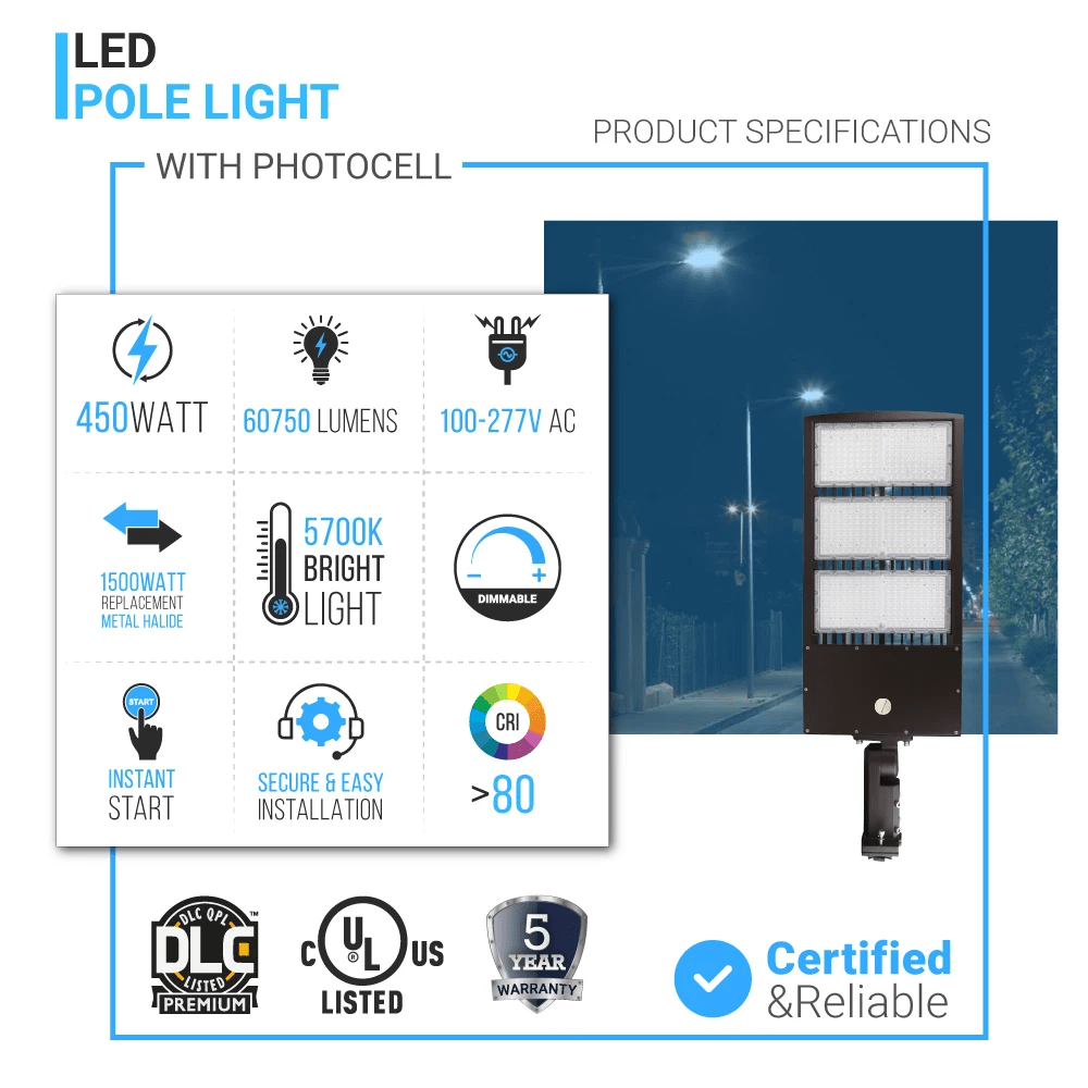 450W LED Pole Light with Dusk to Dawn Photocell, 5700K, AC120 - 277V, Universal Mount, Bronze, With 20KV Surge Protector, IP65 Waterproof, LED Parking Lot Lights - Outdoor Commercial Area Street Lighting, Gen14 - LEDMyPlace