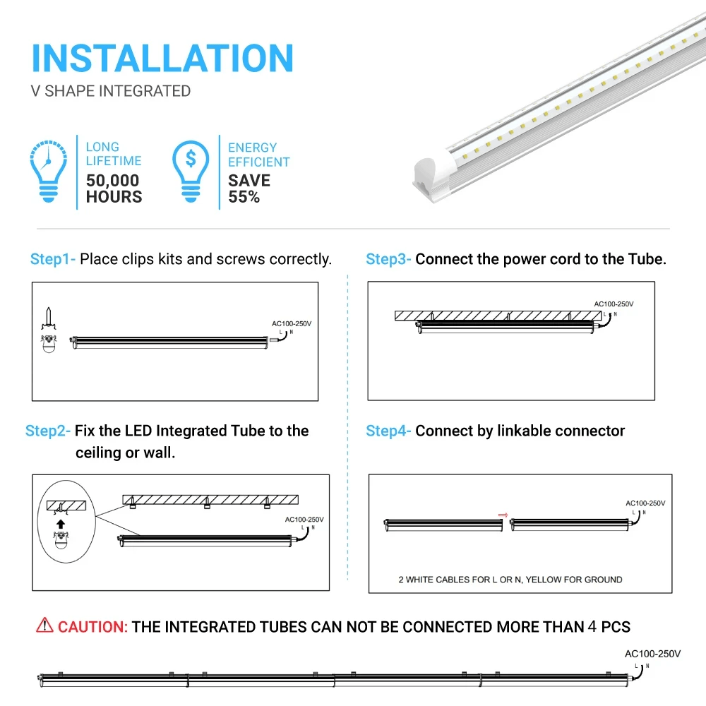 4ft LED Shop Light Fixture, 30W V Shape 6500K 3900LM Clear Cover, AC100 - 277V, ETL Listed, Plug and Play, Damp Location, High Output T8 Integrated LED Tube, Linkable LED Shop Lights for Garage, Workshop, Basement - LEDMyPlace