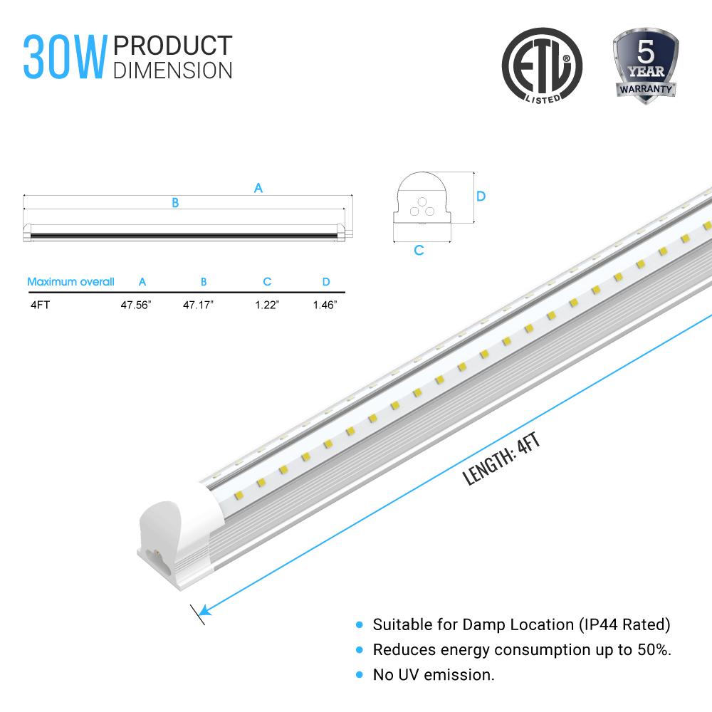 4ft LED Shop Light Fixture, 30W V Shape 6500K 3900LM Clear Cover, AC100 - 277V, ETL Listed, Plug and Play, Damp Location, High Output T8 Integrated LED Tube, Linkable LED Shop Lights for Garage, Workshop, Basement - LEDMyPlace