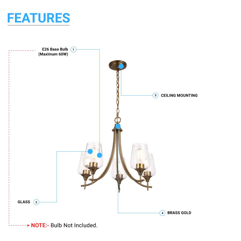 5 - Lights Chandelier Light - Brass Gold Finish with Clear Glass Shades, E26 Socket, UL Listed for Damp Location, 3 Years Warranty - LEDMyPlace