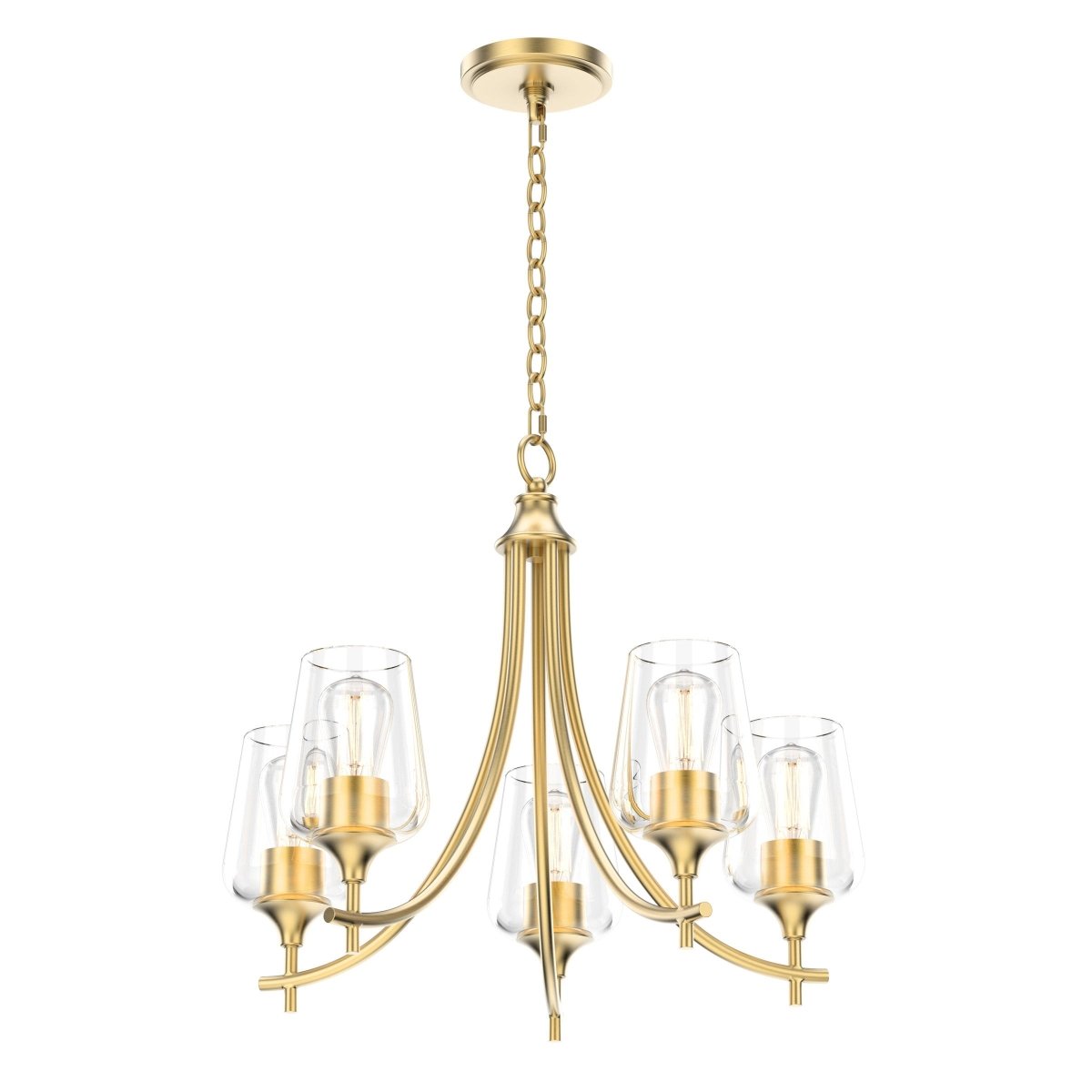 5 - Lights Chandelier Light - Brass Gold Finish with Clear Glass Shades, E26 Socket, UL Listed for Damp Location, 3 Years Warranty - LEDMyPlace