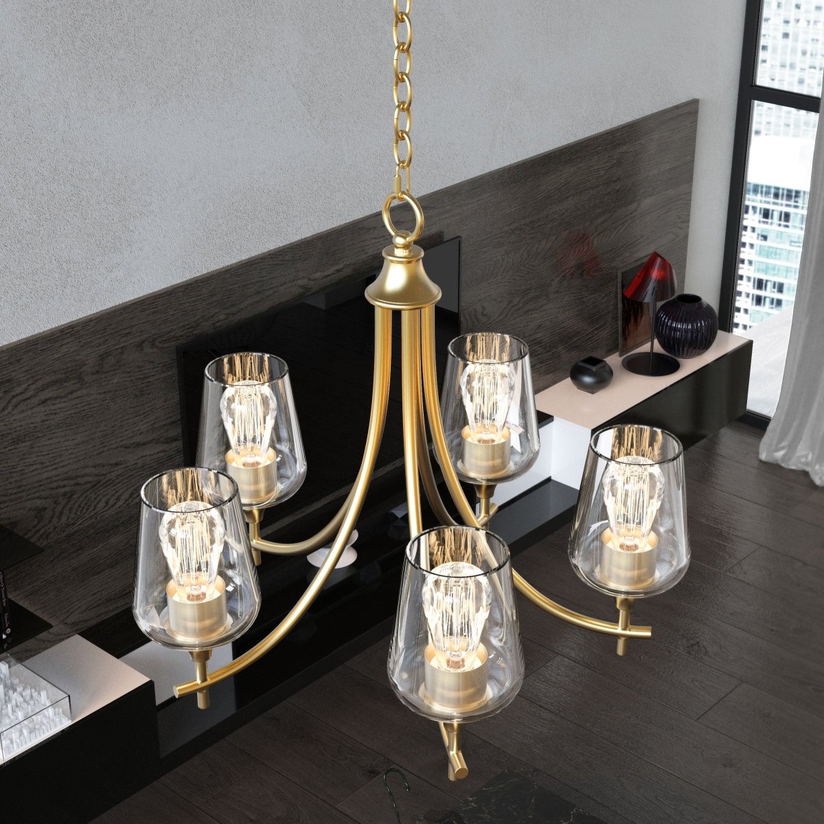 5-Lights Chandelier Light - Brass Gold Finish with Clear Glass Shades, E26 Socket, UL Listed for Damp Location, 3 Years Warranty