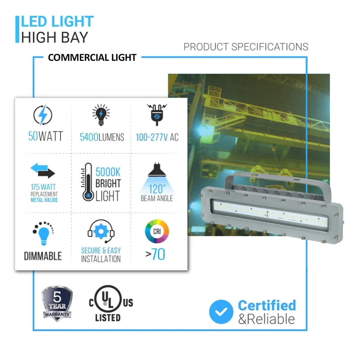 50 Watt 2FT LED Explosion Proof Linear Light, I Series, Dimmable, 5000K, 5400LM, AC100 - 277V, IP66, Hazardous Location Lighting Fixtures - LEDMyPlace