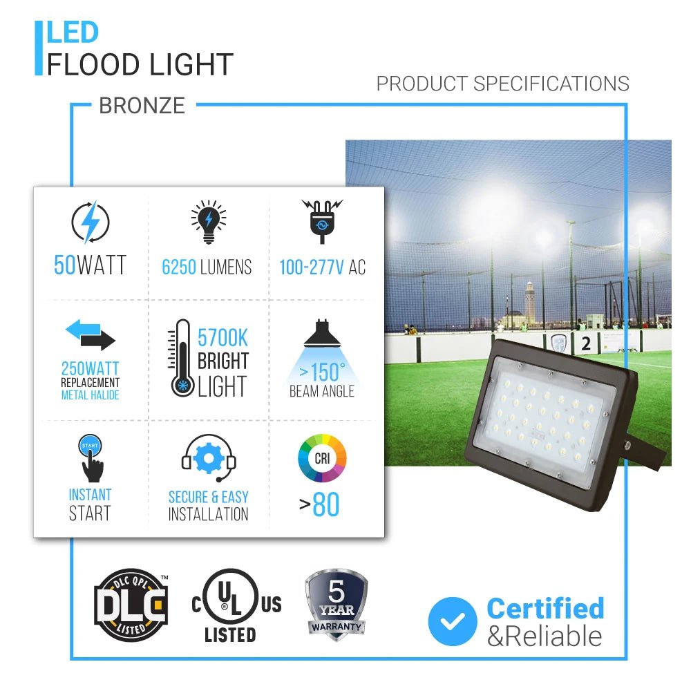 50W LED Flood Light Outdoor, 6250lm Super Bright, 5700K, IP65 Waterproof Exterior Floodlight, Bronze, U - Bracket Mount, Security Light for Yard Lawn Garden - LEDMyPlace