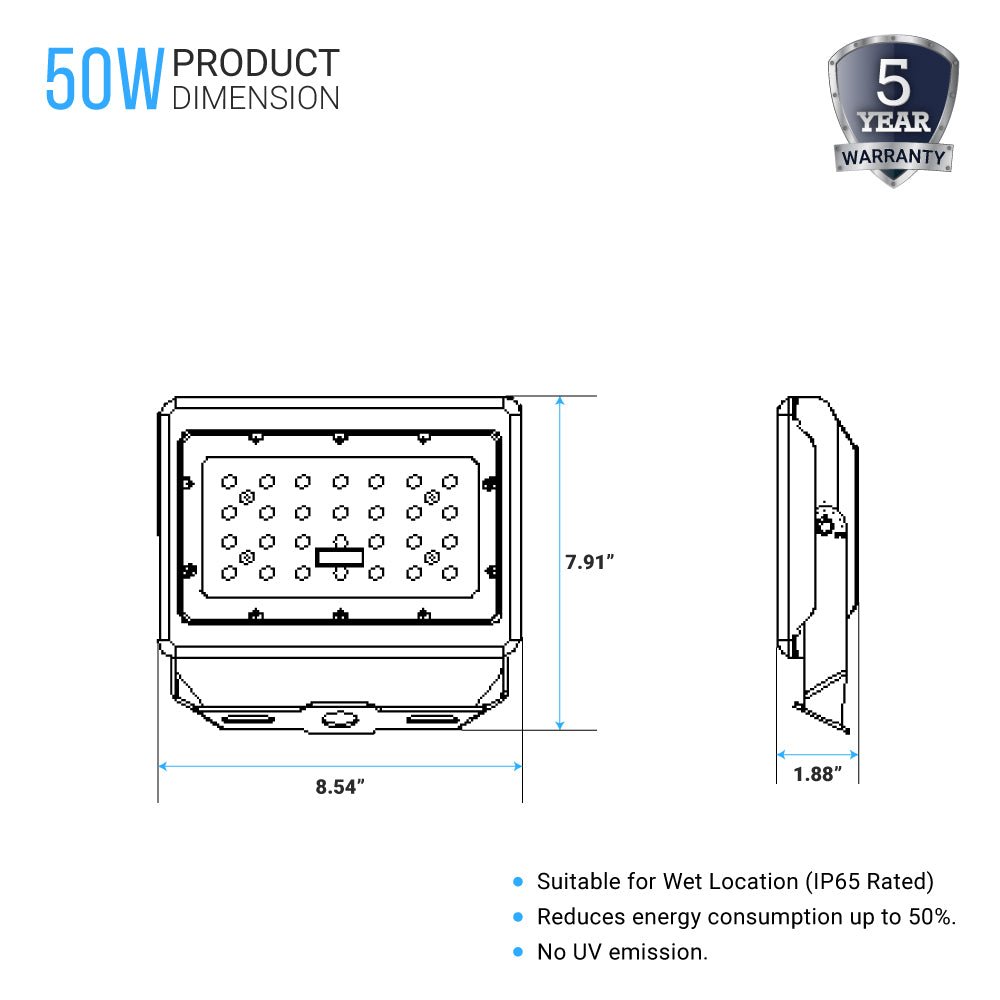 50W LED Flood Light Outdoor, 6250lm Super Bright, 5700K, IP65 Waterproof Exterior Floodlight, Bronze, U - Bracket Mount, Security Light for Yard Lawn Garden - LEDMyPlace