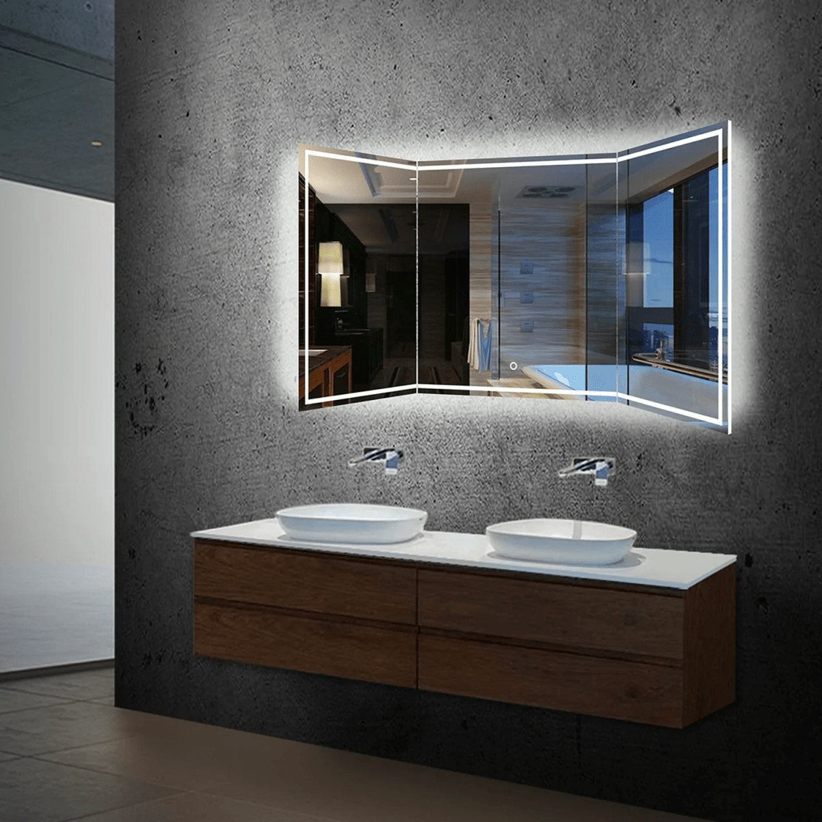 55.1 in. X 25.6 in. Backlit/Frontlit LED Lighted Bathroom Vanity Mirror with Pivoting Side Mirrors, Thin Plexiglass Edge, Anti Fog, Adjustable 3 - Color Temperature & Remembrance, Makeup Mirror, Touch Button, CRI 90+, Titan Style - LEDMyPlace