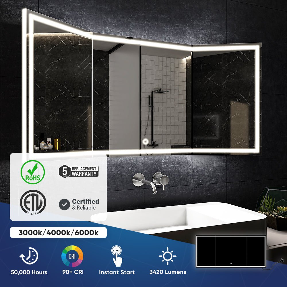 55.1 in. X 25.6 in. Backlit/Frontlit LED Lighted Bathroom Vanity Mirror with Pivoting Side Mirrors, Thin Plexiglass Edge, Anti Fog, Adjustable 3 - Color Temperature & Remembrance, Makeup Mirror, Touch Button, CRI 90+, Titan Style - LEDMyPlace