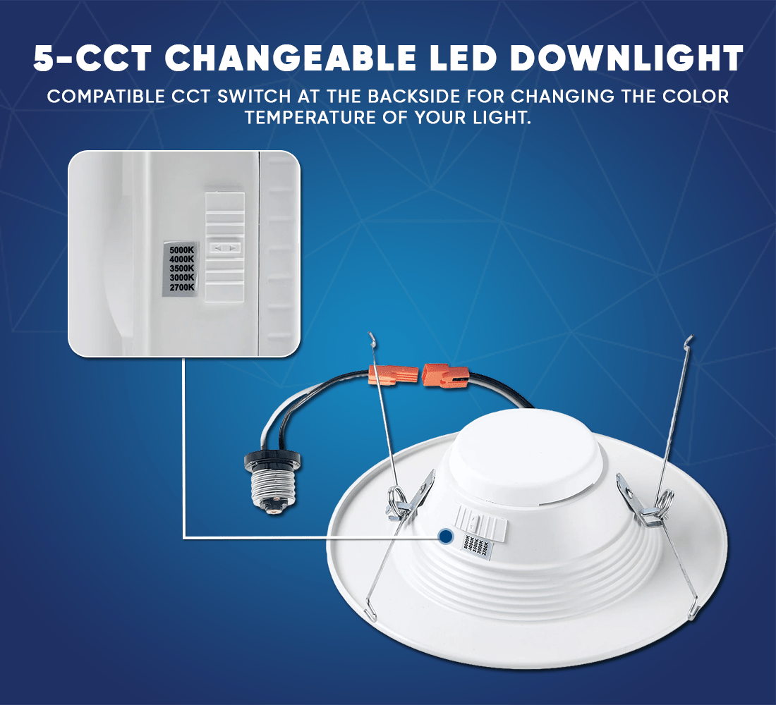 6" LED Downlight Dimmable, 15W, 5CCT Changeable: 2700K/3000K/3500K/4000K/5000K, 120V AC, Baffle Trim, Damp Rated - LEDMyPlace