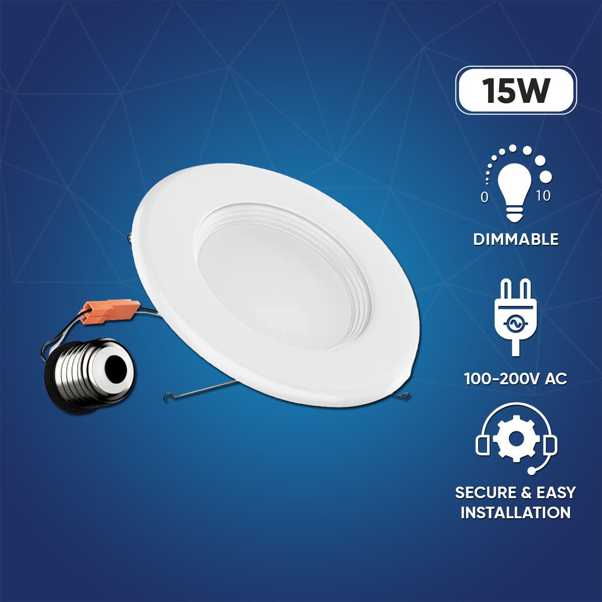 6" LED Downlight Dimmable, 15W, 5CCT Changeable: 2700K/3000K/3500K/4000K/5000K, 120V AC, Baffle Trim, Damp Rated - LEDMyPlace