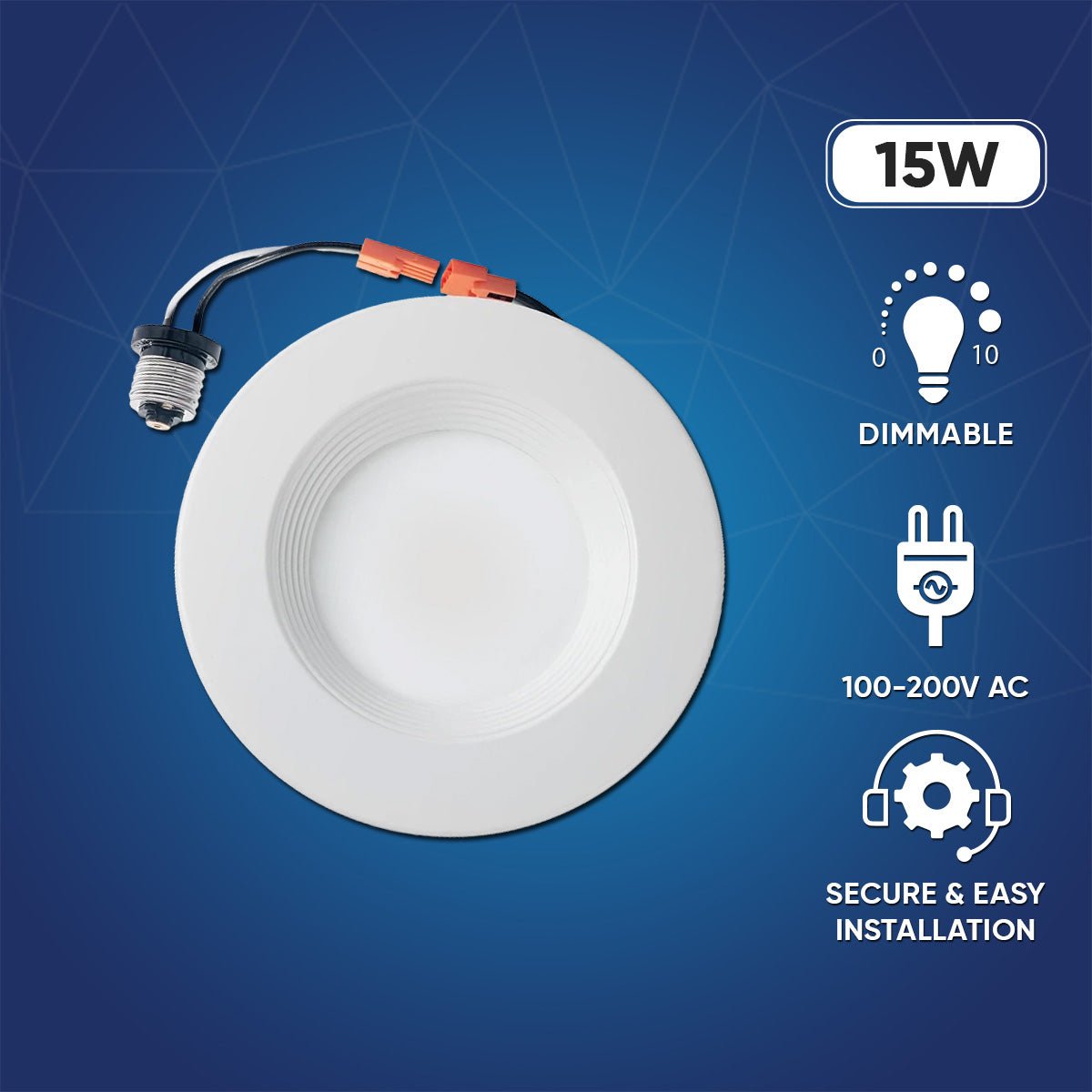 6" LED Downlight Dimmable, 15W, 5CCT Changeable: 2700K/3000K/3500K/4000K/5000K, 120V AC, Baffle Trim, Damp Rated - LEDMyPlace