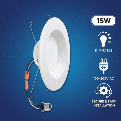 6" LED Downlight Dimmable, 15W, 5CCT Changeable: 2700K/3000K/3500K/4000K/5000K, 120V AC, Baffle Trim, Damp Rated - LEDMyPlace