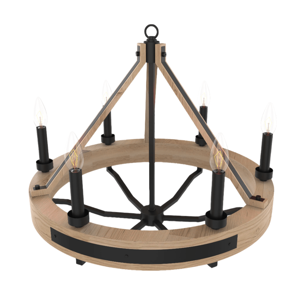 6 - Light Farmhouse Chandelier Diam 26'', E12 Base, Matte black Finish Hardware with Nature Solid Ashwood - LEDMyPlace